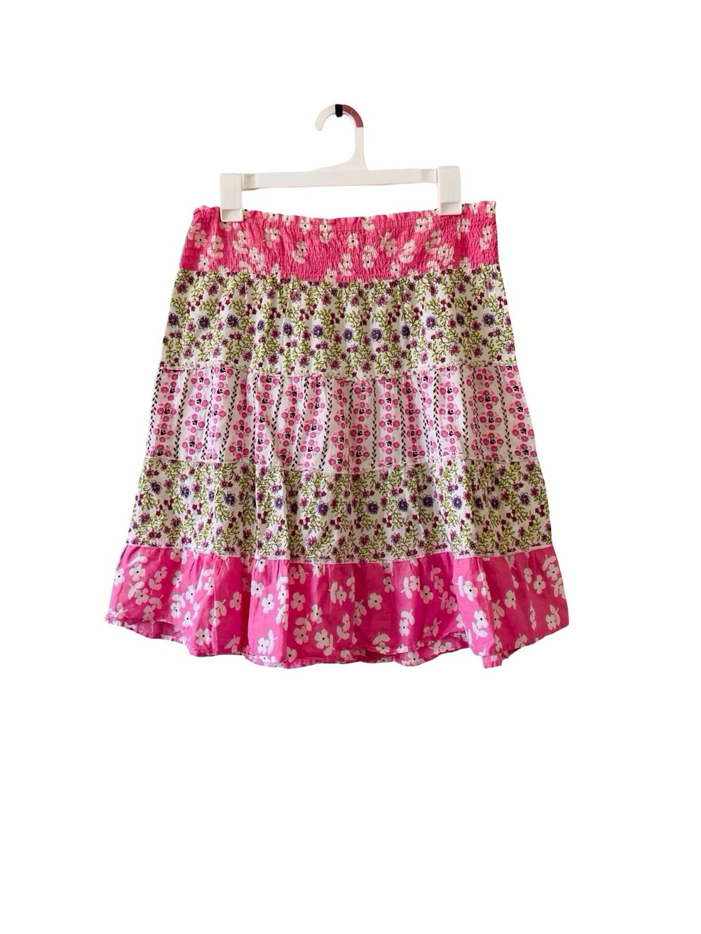 Pink Floral Tiered Smocked Skirt | Boho Cottagecore Ruffle Skirt Large - Picture 5 of 6